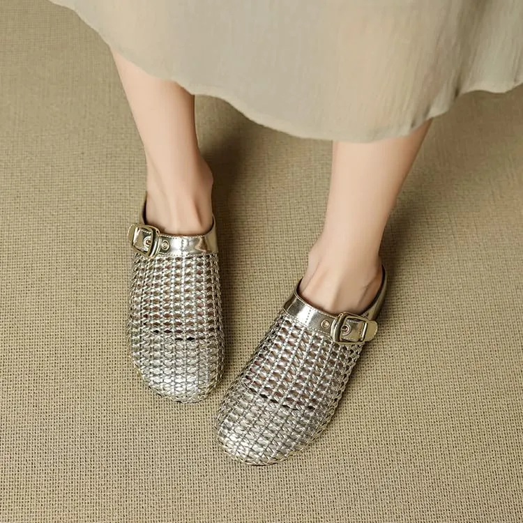 Women's Mules Clogs Round Toe Flat Woven Sandals