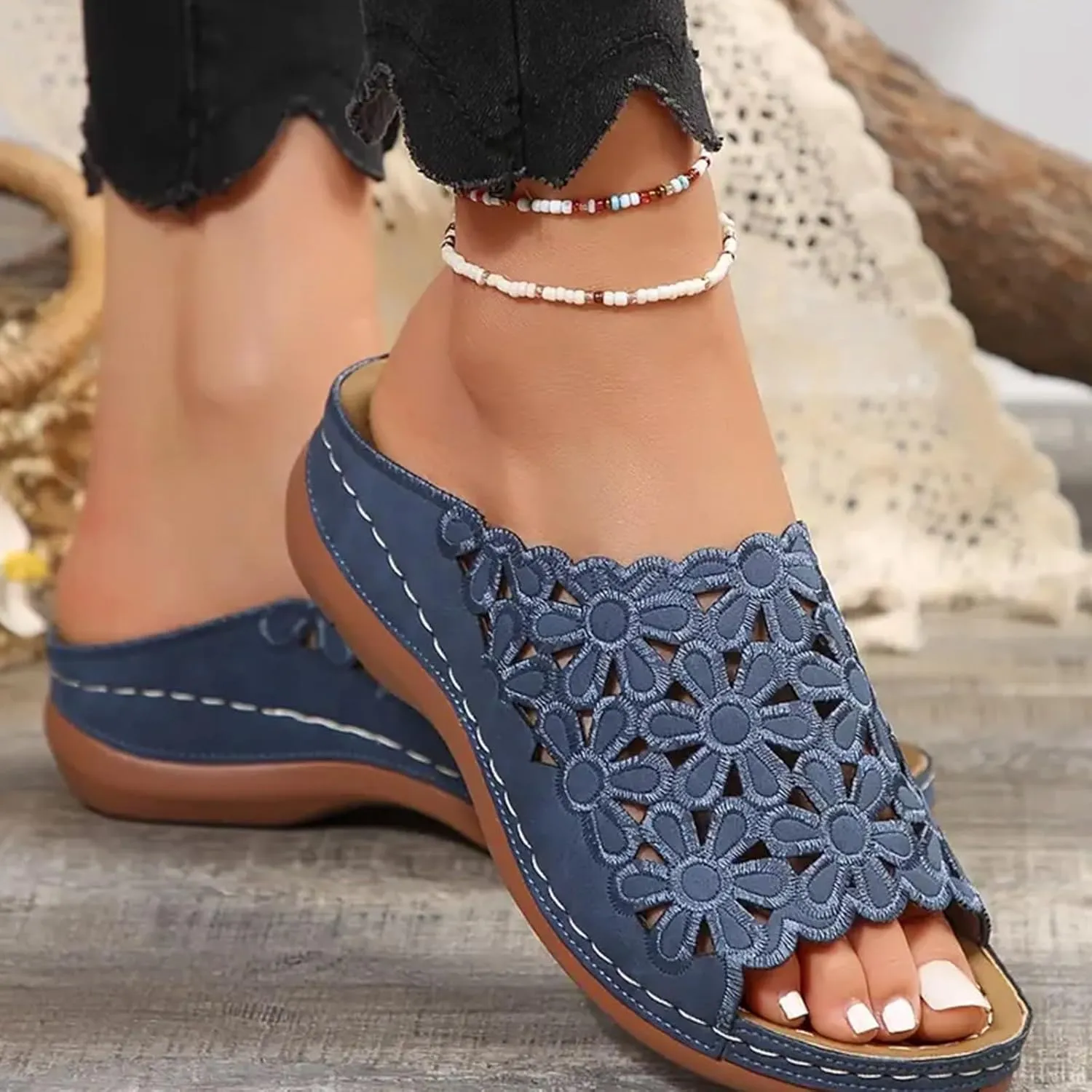 Women's Orthotic Cushion Flip Flops Recovery Walking Sandals for Women Dressy Summer Orthopedic Arch Support Wedge Slide Comfortable Open Toe Slip on Flowers Hollow Out Plantar Fasciitis Bunion Shoes