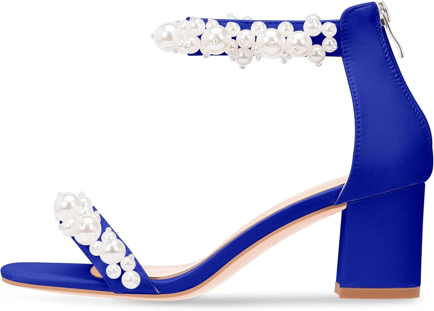 Women's Pearl Decoration Ankle Strap Sandals Chunky Block Heel Wedding Party Shoes