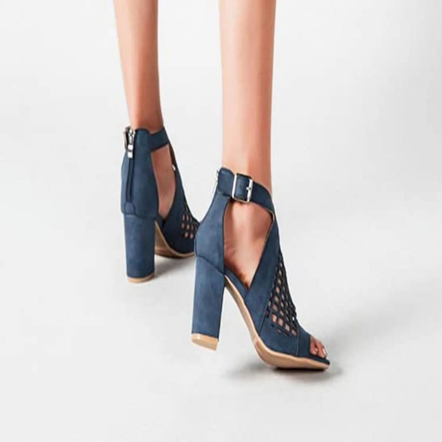 Women's Peep Toe Fashion Buckle Ankle Booties Summer Cutout Side Ankle Strap Buckle With Back Zipper Party Dress Pumps Shoes