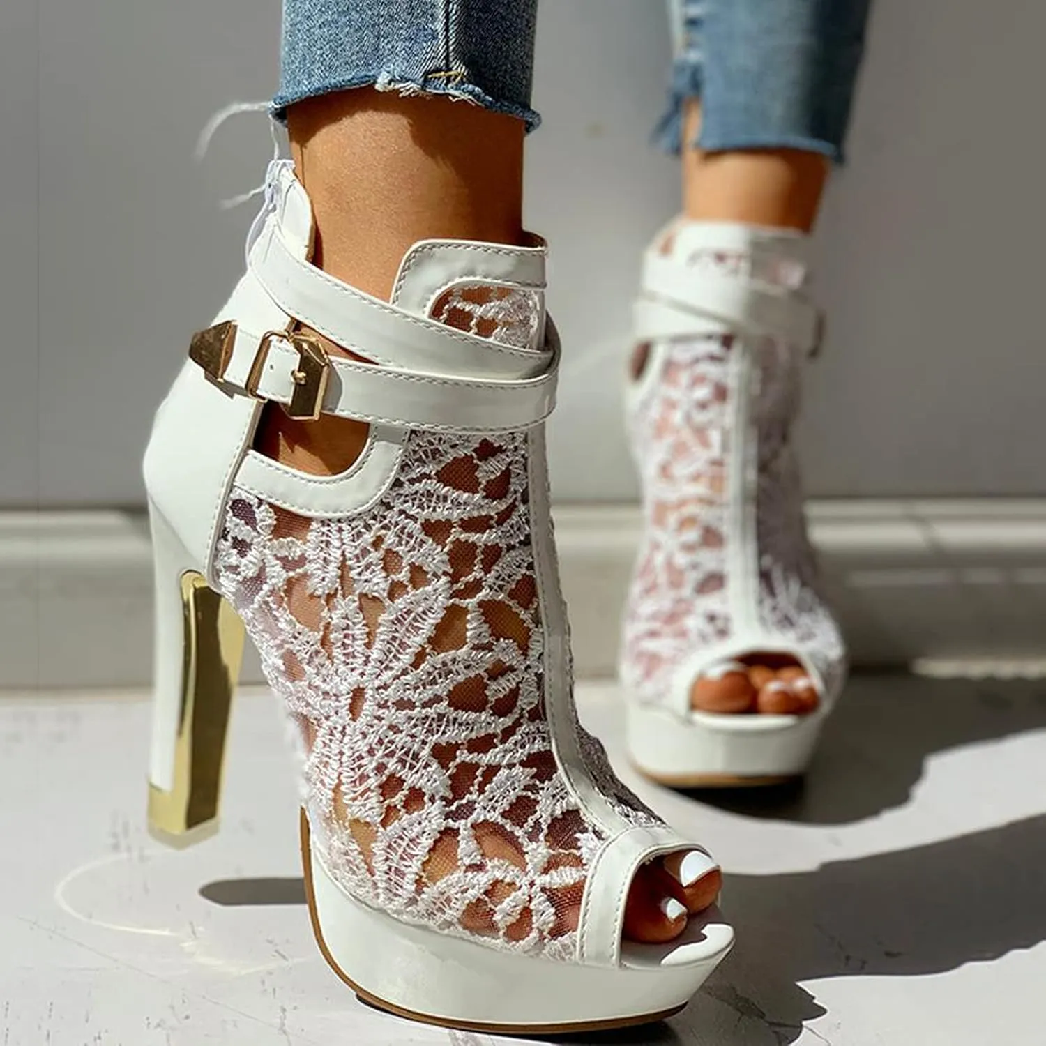 Women's Platform Chunky Block High Heel Open Toe Dress Sandals Lace Mesh Flowers Open Toes Sexy Breathable Fashionable Elegant Sandal 2025 Summer Casual Solid Color Shoes for Beach Working Party