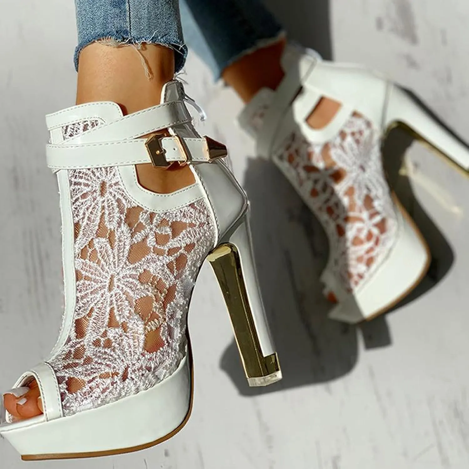 Women's Platform Chunky Block High Heel Open Toe Dress Sandals Lace Mesh Flowers Open Toes Sexy Breathable Fashionable Elegant Sandal 2025 Summer Casual Solid Color Shoes for Beach Working Party