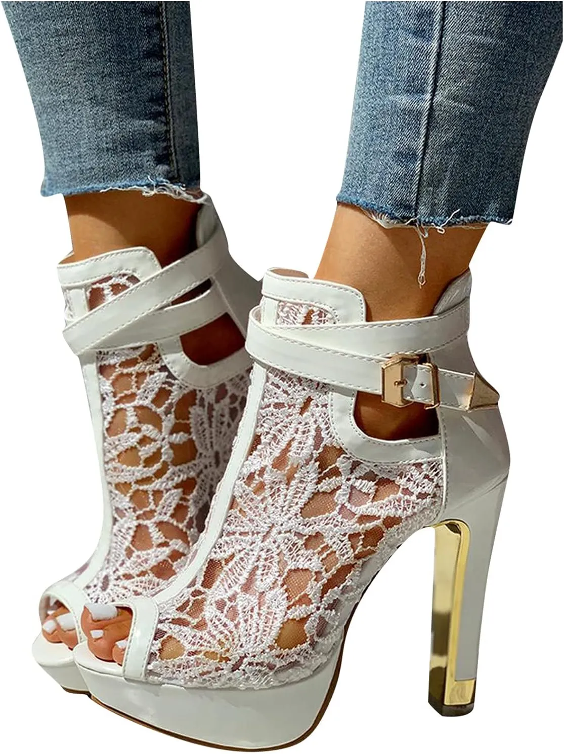 Women's Platform Chunky Block High Heel Open Toe Dress Sandals Lace Mesh Flowers Open Toes Sexy Breathable Fashionable Elegant Sandal 2025 Summer Casual Solid Color Shoes for Beach Working Party