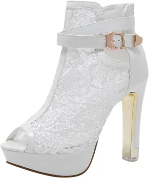 Women's Platform Chunky Block High Heel Open Toe Dress Sandals Lace Mesh Flowers Open Toes Sexy Breathable Fashionable Elegant Sandal 2025 Summer Casual Solid Color Shoes for Beach Working Party