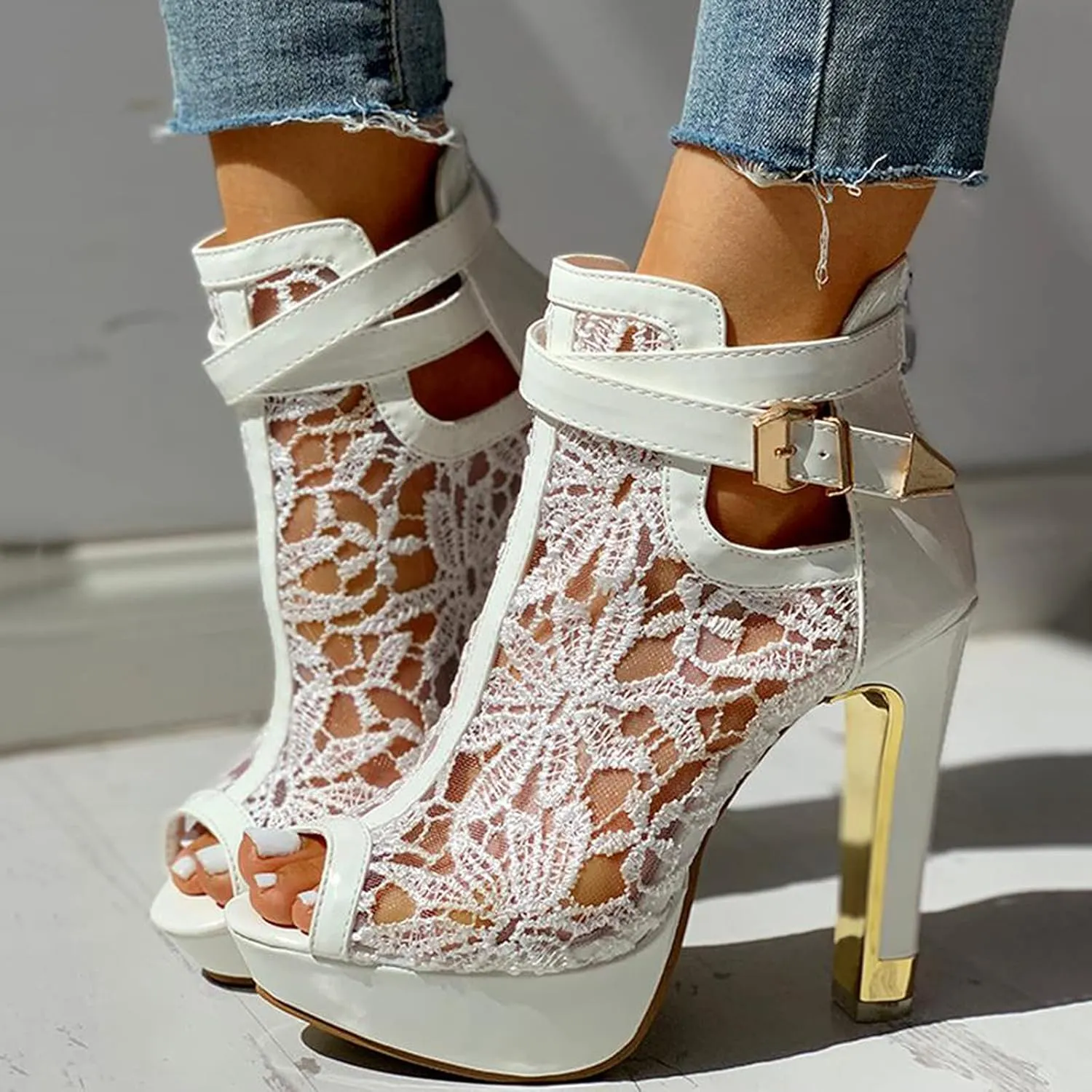 Women's Platform Chunky Block High Heel Open Toe Dress Sandals Lace Mesh Flowers Open Toes Sexy Breathable Fashionable Elegant Sandal 2025 Summer Casual Solid Color Shoes for Beach Working Party