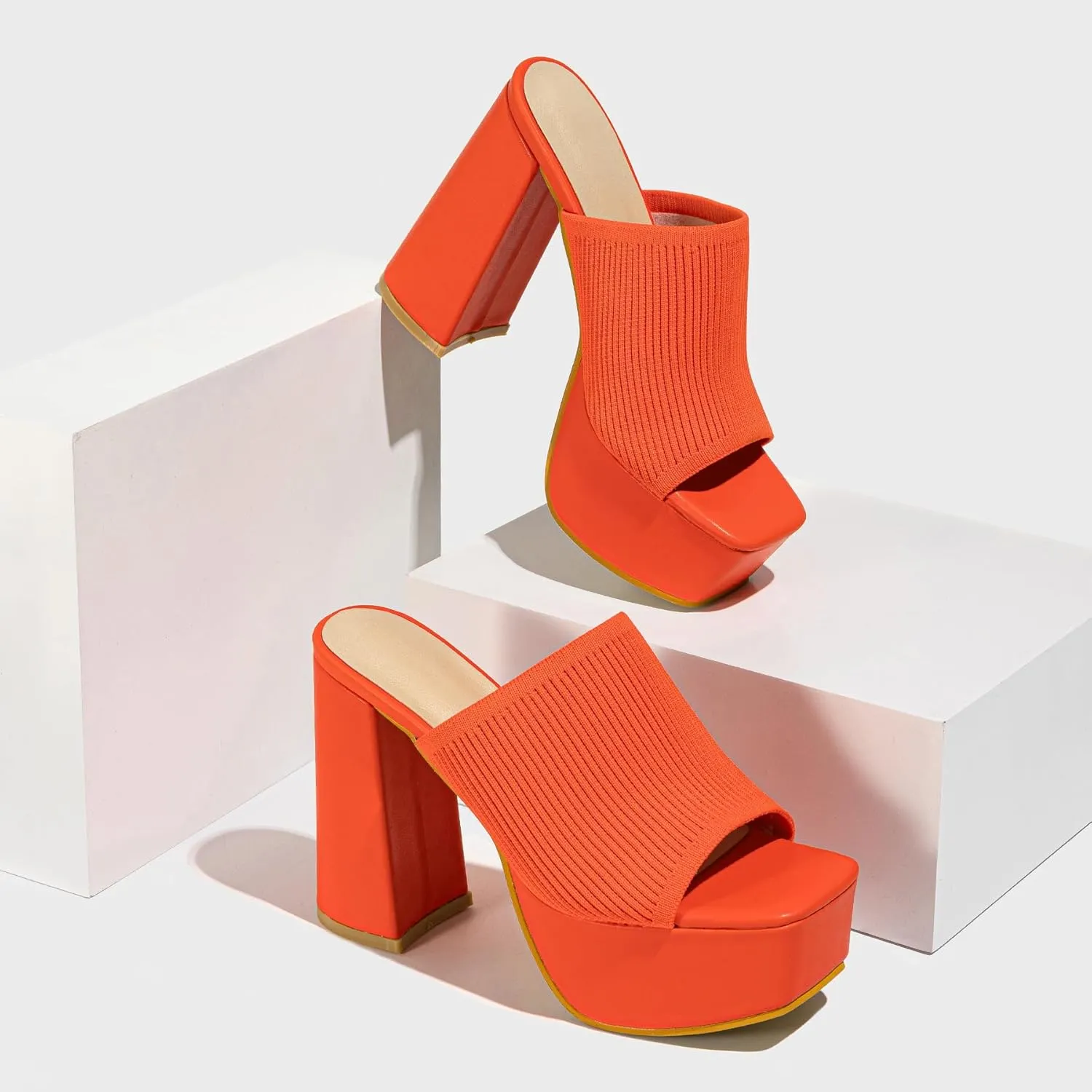 Women's Platform Chunky Heel Sandals Slip-On Square Open Toe High Heel Sandals Knitted Comfortable Dress Sandals