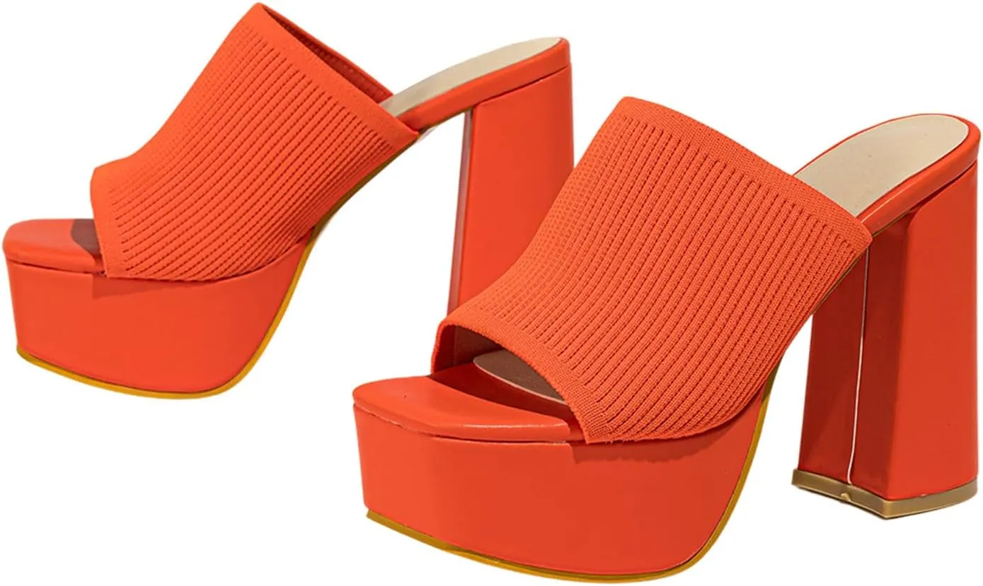 Women's Platform Chunky Heel Sandals Slip-On Square Open Toe High Heel Sandals Knitted Comfortable Dress Sandals