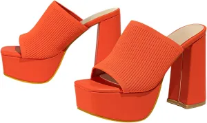 Women's Platform Chunky Heel Sandals Slip-On Square Open Toe High Heel Sandals Knitted Comfortable Dress Sandals