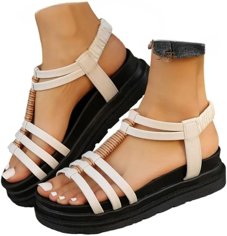 Womens Platform Sandals Memory Foam Cushion Comfortable Sandals Elastic Ankle Strap Open Toe Athletic Tennis Outdoor Walking Running Sandals For Summer Casual Shoes