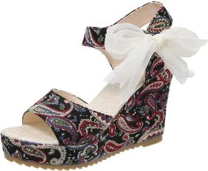 Women's Platform Sandals Wedge Open Toe Ankle Strap Lace Wedding Bridesmaid Shoes Wide Width Low Heel Summer Casual Bohemia