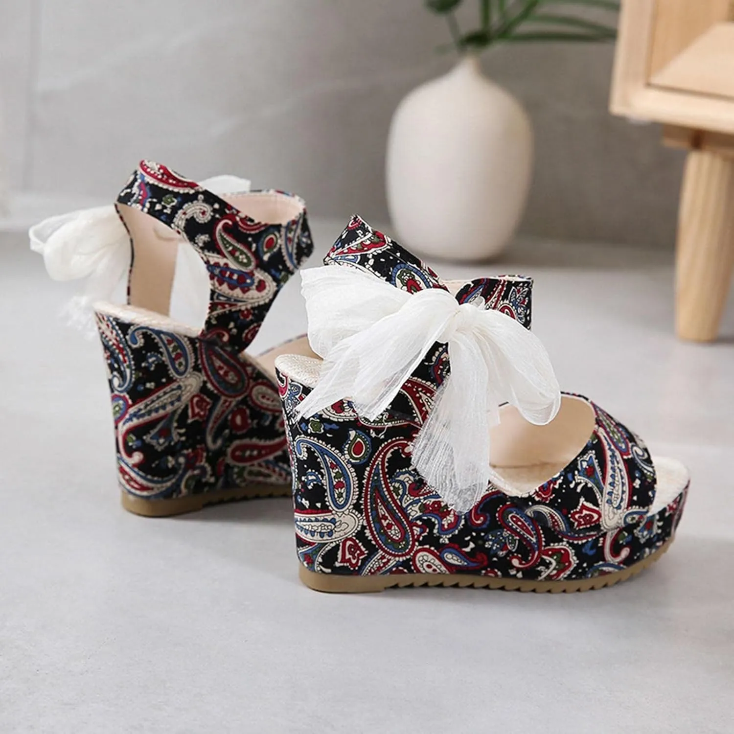 Women's Platform Sandals Wedge Open Toe Ankle Strap Lace Wedding Bridesmaid Shoes Wide Width Low Heel Summer Casual Bohemia