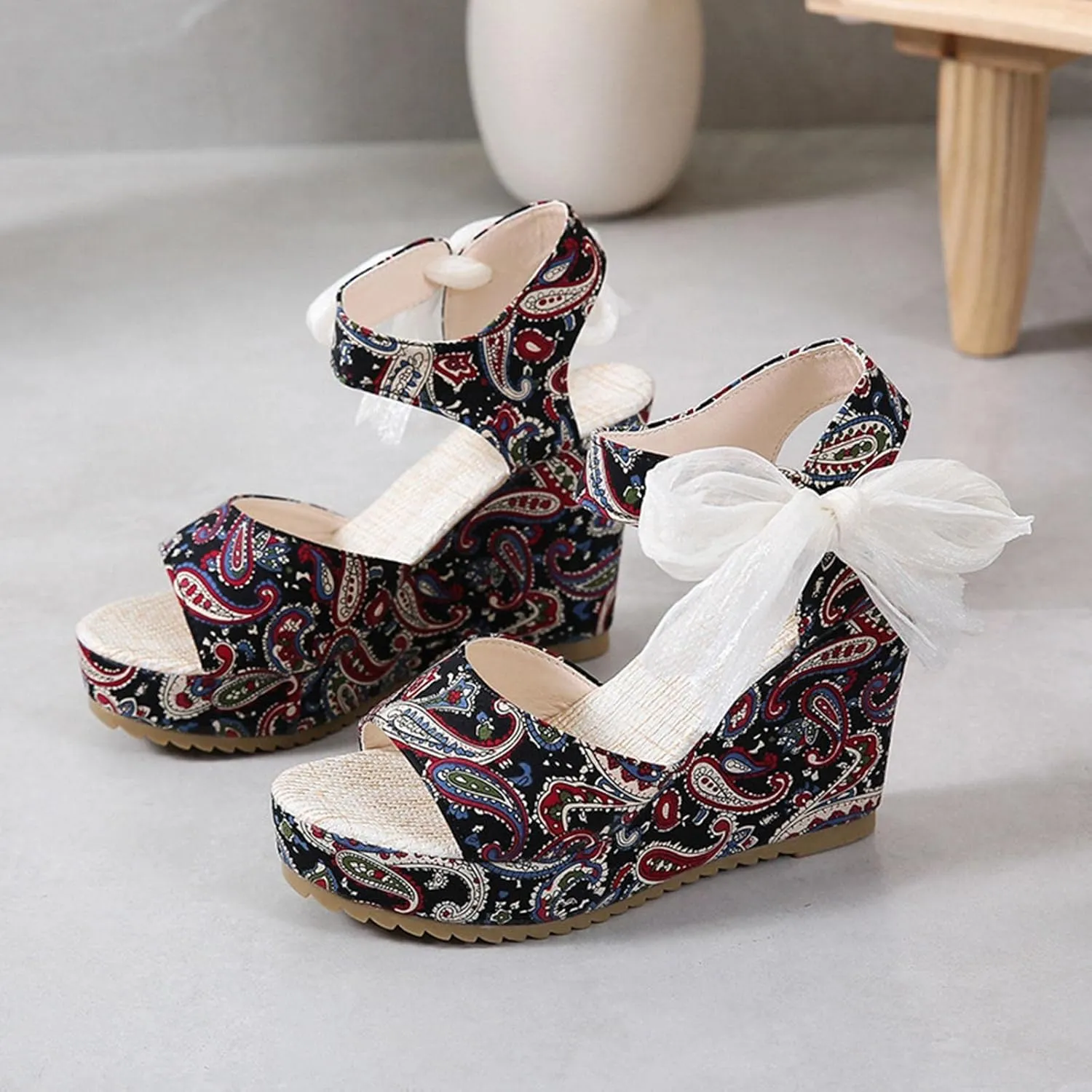 Women's Platform Sandals Wedge Open Toe Ankle Strap Lace Wedding Bridesmaid Shoes Wide Width Low Heel Summer Casual Bohemia