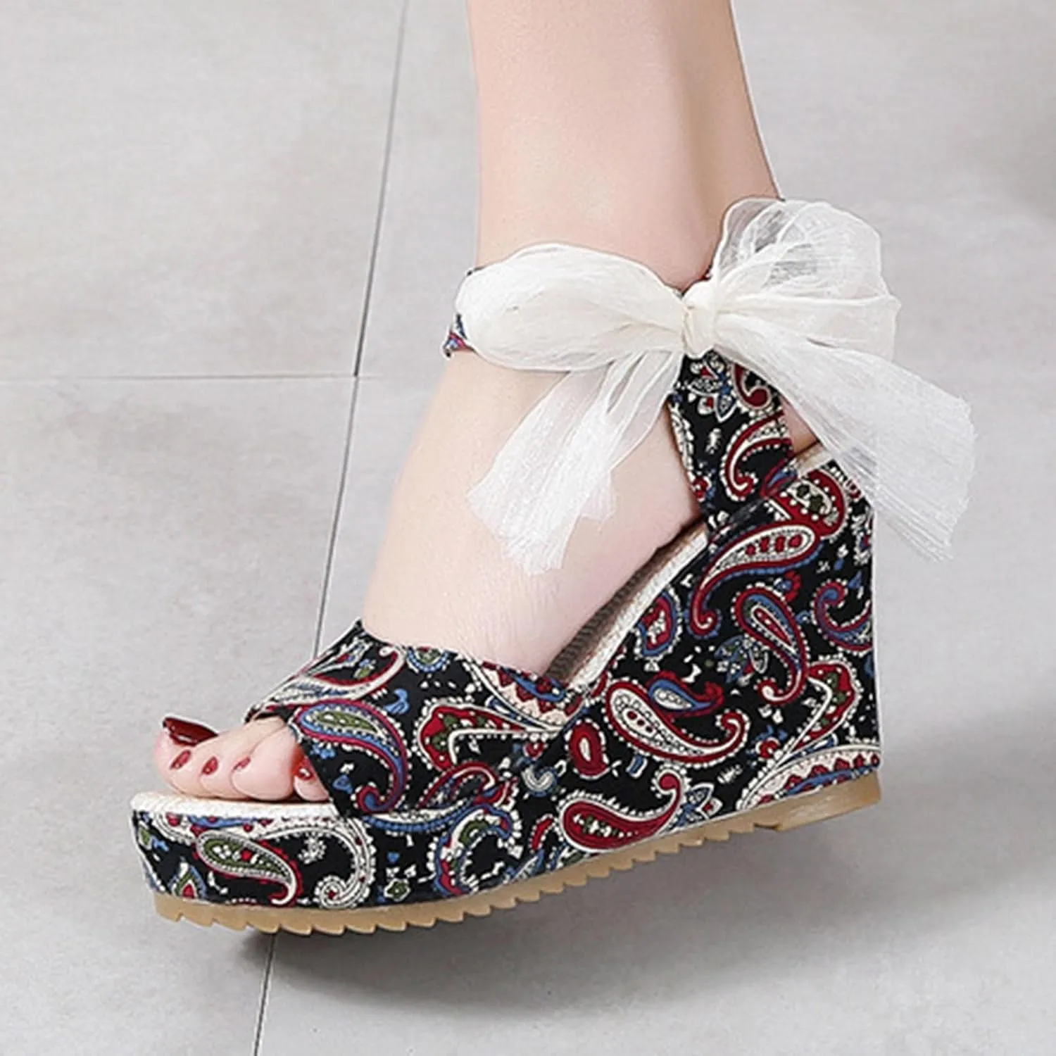 Women's Platform Sandals Wedge Open Toe Ankle Strap Lace Wedding Bridesmaid Shoes Wide Width Low Heel Summer Casual Bohemia