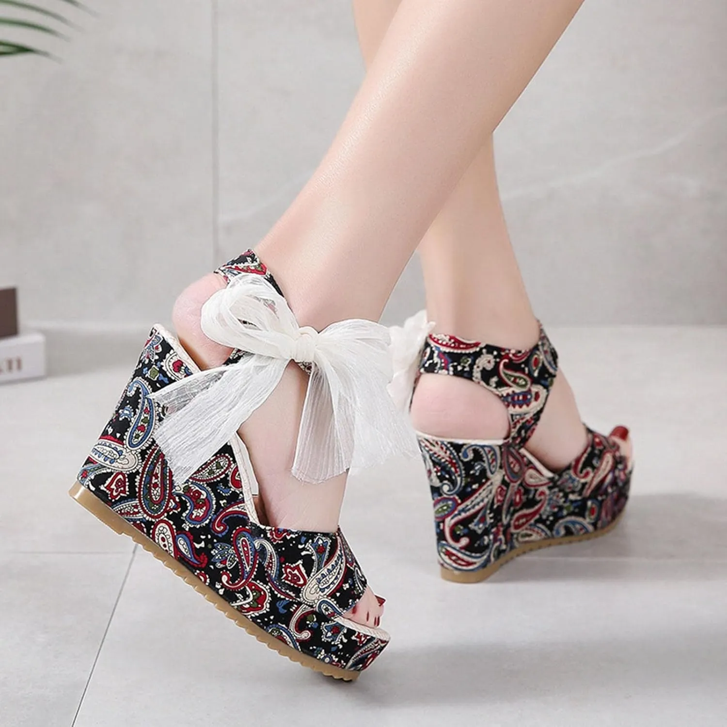 Women's Platform Sandals Wedge Open Toe Ankle Strap Lace Wedding Bridesmaid Shoes Wide Width Low Heel Summer Casual Bohemia