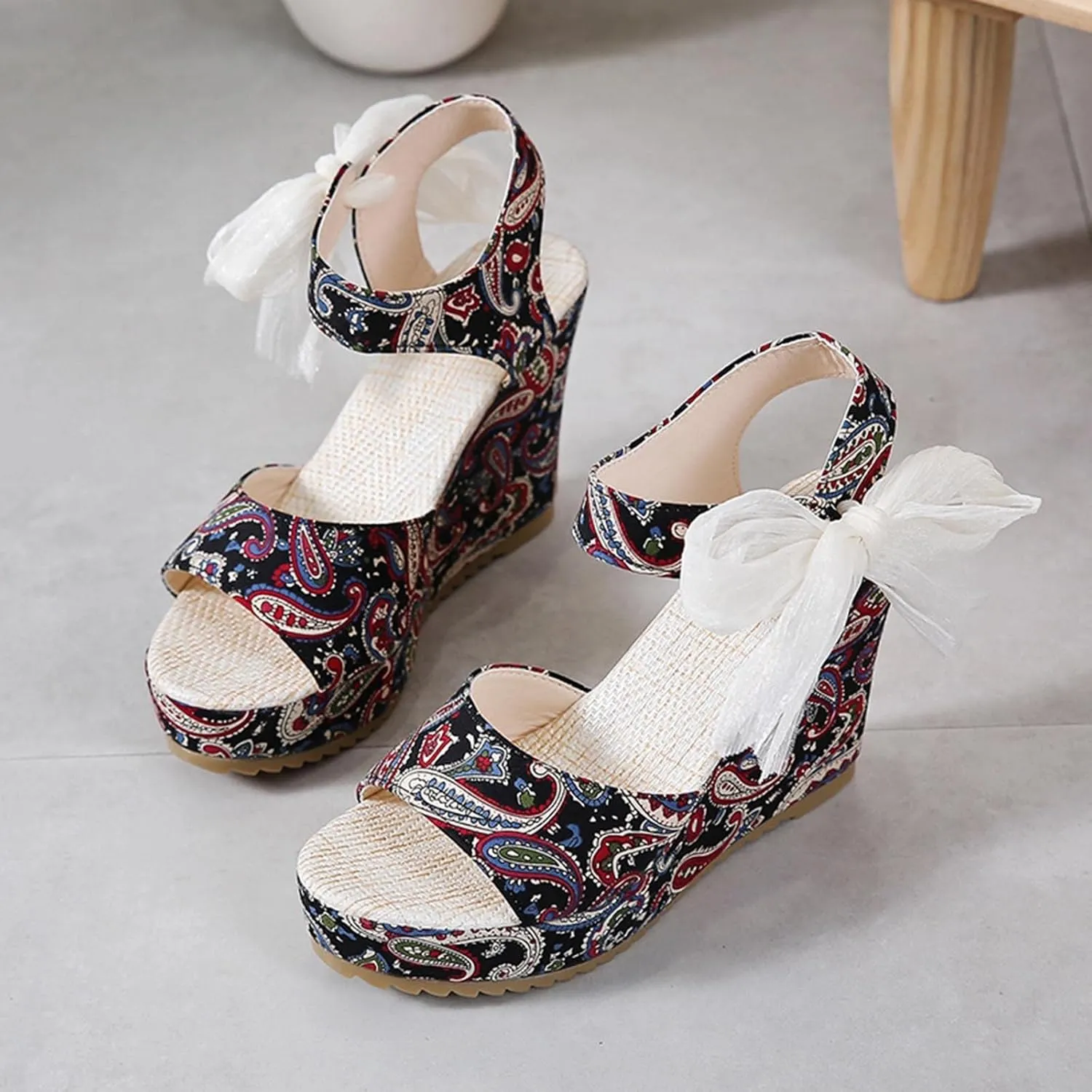 Women's Platform Sandals Wedge Open Toe Ankle Strap Lace Wedding Bridesmaid Shoes Wide Width Low Heel Summer Casual Bohemia