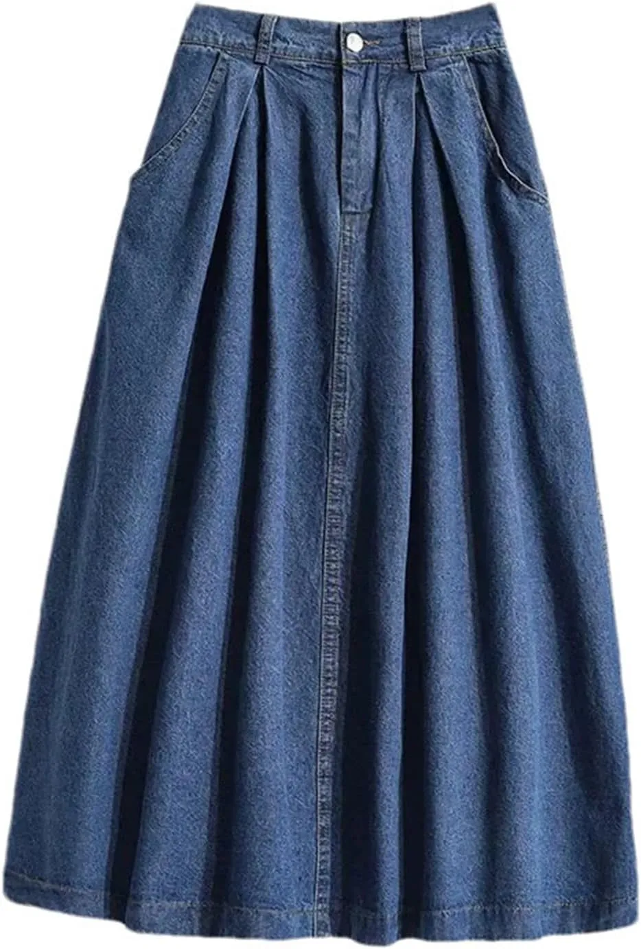 Women's Pleated High Waist Denim Skirt Summer Casual A-Line Midi Jean Skirt