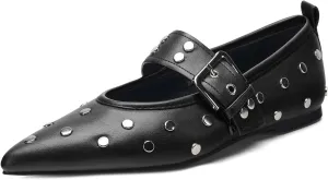 Women's Pointed Toe Ballet Flats Rivet Mary Jane Flats with Adjutable Buckle Low Heel Comfortable Casual Dress Work Ballerina Flats Shoes Black Size 6