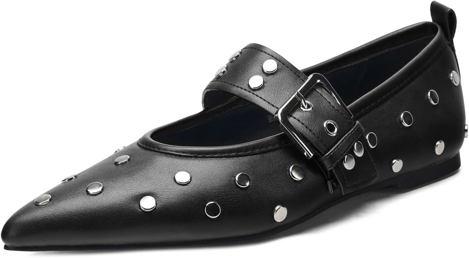 Women's Pointed Toe Ballet Flats Rivet Mary Jane Flats with Adjutable Buckle Low Heel Comfortable Casual Dress Work Ballerina Flats Shoes Black Size 6