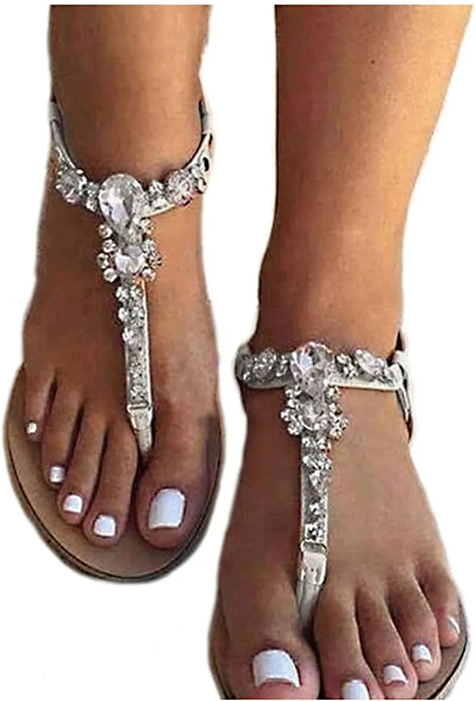 Women's Rhinestone Flat Sandals, Women Flip Flops with Clip Toe RingBeadeed Rhinestone Crystal Jeweled Sandal Shoes for Summer Beach Oceanside Holiday Outdoor