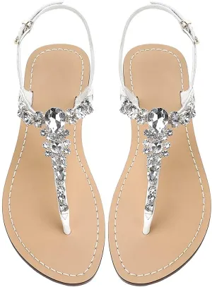 Women's Rhinestone Flat Sandals, Women Flip Flops with Clip Toe RingBeadeed Rhinestone Crystal Jeweled Sandal Shoes for Summer Beach Oceanside Holiday Outdoor