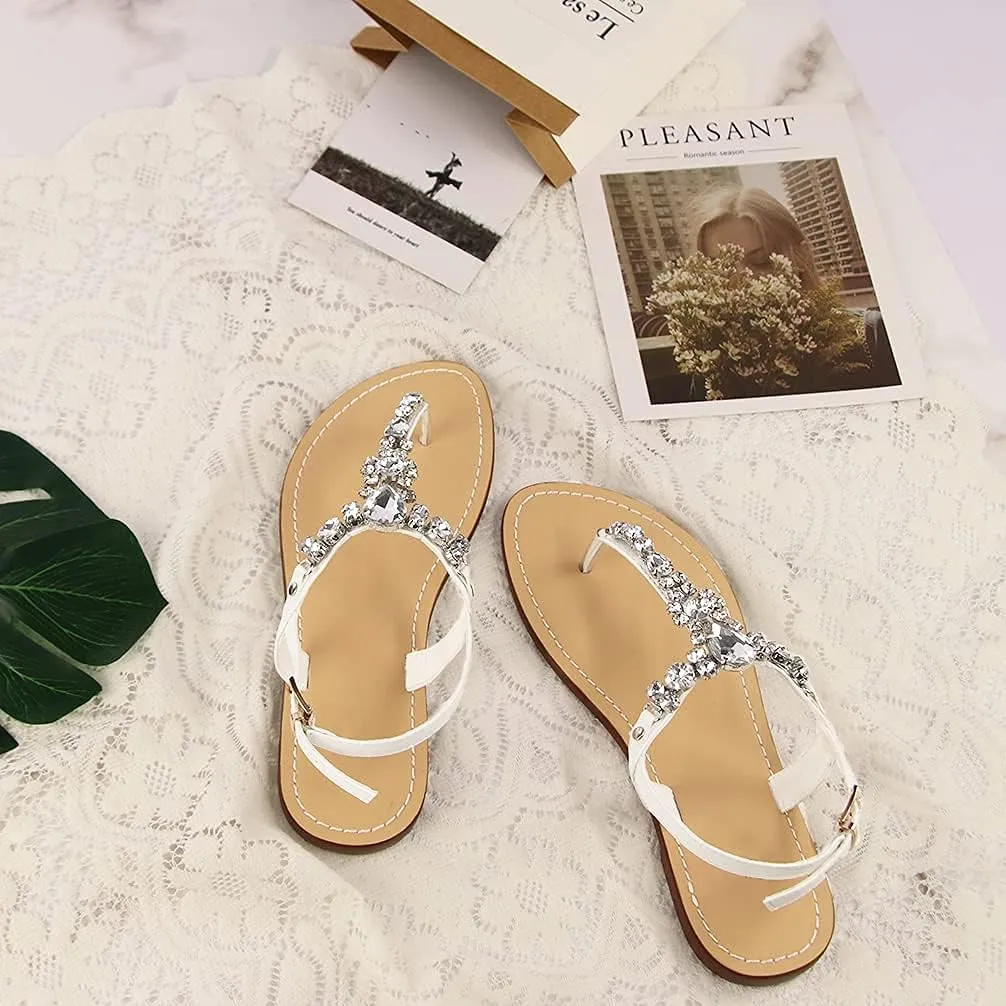 Women's Rhinestone Flat Sandals, Women Flip Flops with Clip Toe RingBeadeed Rhinestone Crystal Jeweled Sandal Shoes for Summer Beach Oceanside Holiday Outdoor