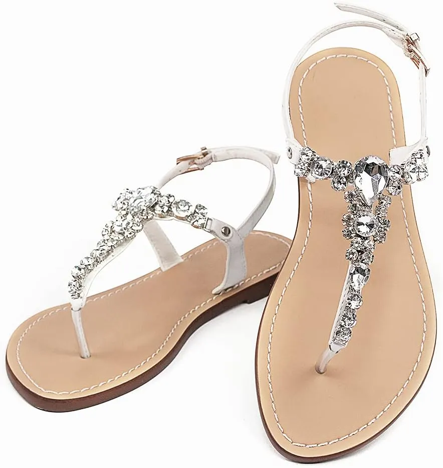 Women's Rhinestone Flat Sandals, Women Flip Flops with Clip Toe RingBeadeed Rhinestone Crystal Jeweled Sandal Shoes for Summer Beach Oceanside Holiday Outdoor