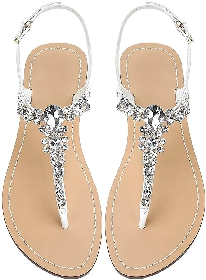 Women's Rhinestone Flat Sandals, Women Flip Flops with Clip Toe RingBeadeed Rhinestone Crystal Jeweled Sandal Shoes for Summer Beach Oceanside Holiday Outdoor