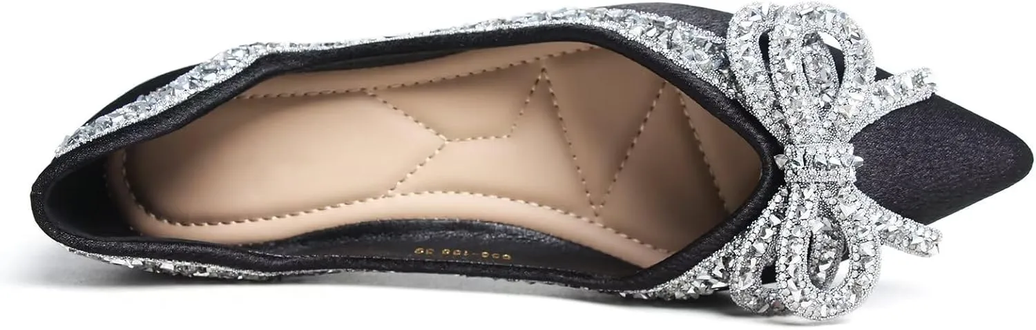 Women's Rhinestone Flats Elegant Bow Knot Glitter Ballet Flats Dress Pearl Wedding Shoes Pointed Toe Slip On Loafers for Women