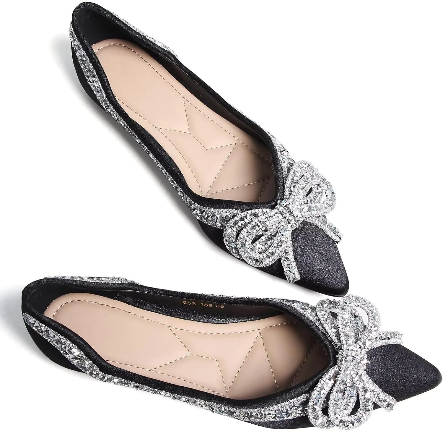 Women's Rhinestone Flats Elegant Bow Knot Glitter Ballet Flats Dress Pearl Wedding Shoes Pointed Toe Slip On Loafers for Women