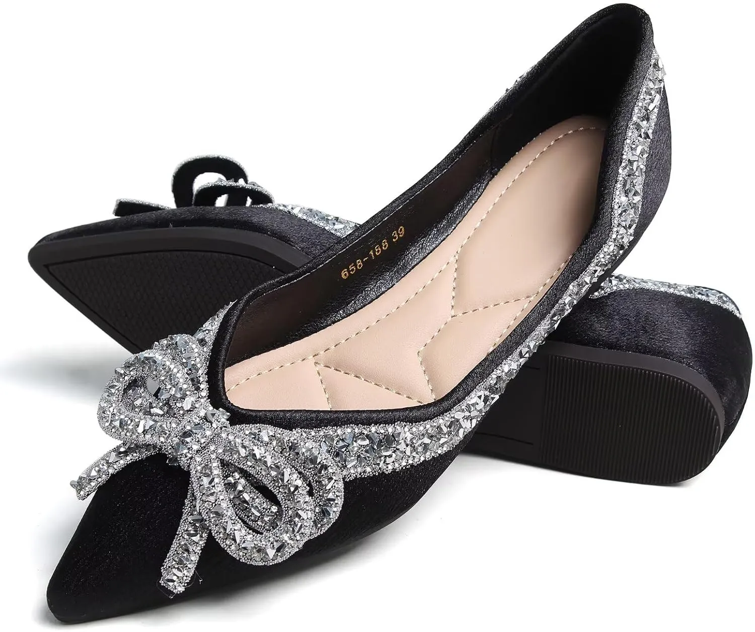 Women's Rhinestone Flats Elegant Bow Knot Glitter Ballet Flats Dress Pearl Wedding Shoes Pointed Toe Slip On Loafers for Women