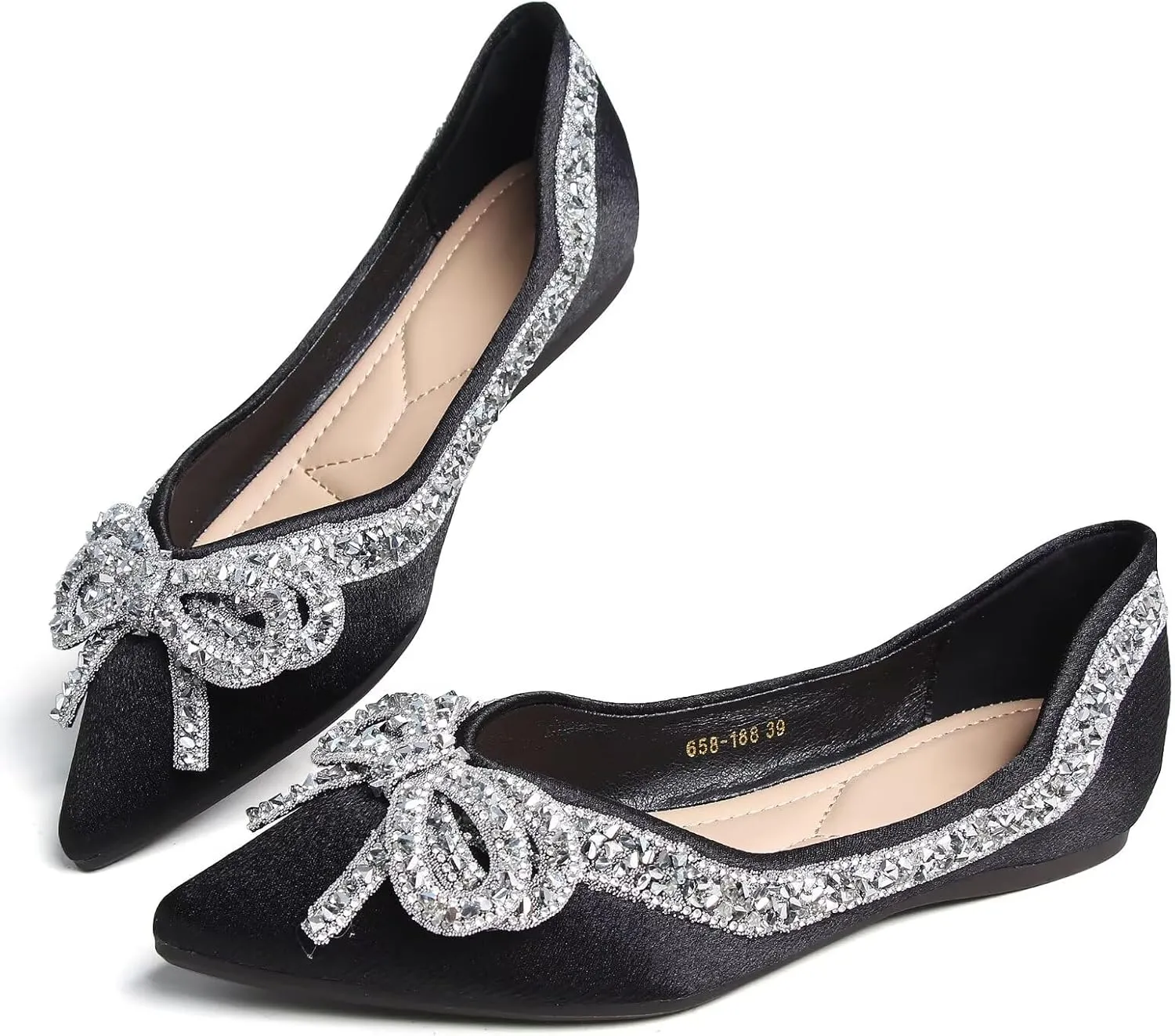 Women's Rhinestone Flats Elegant Bow Knot Glitter Ballet Flats Dress Pearl Wedding Shoes Pointed Toe Slip On Loafers for Women