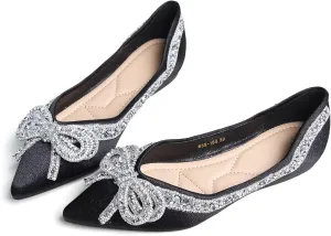 Women's Rhinestone Flats Elegant Bow Knot Glitter Ballet Flats Dress Pearl Wedding Shoes Pointed Toe Slip On Loafers for Women