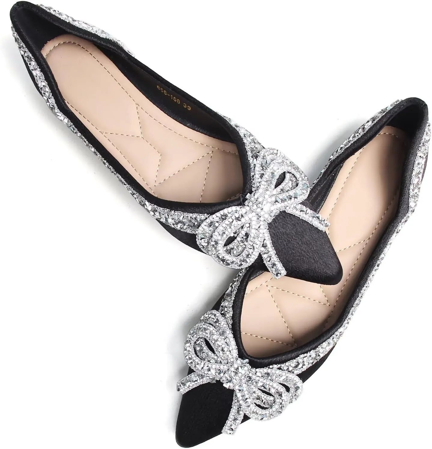 Women's Rhinestone Flats Elegant Bow Knot Glitter Ballet Flats Dress Pearl Wedding Shoes Pointed Toe Slip On Loafers for Women