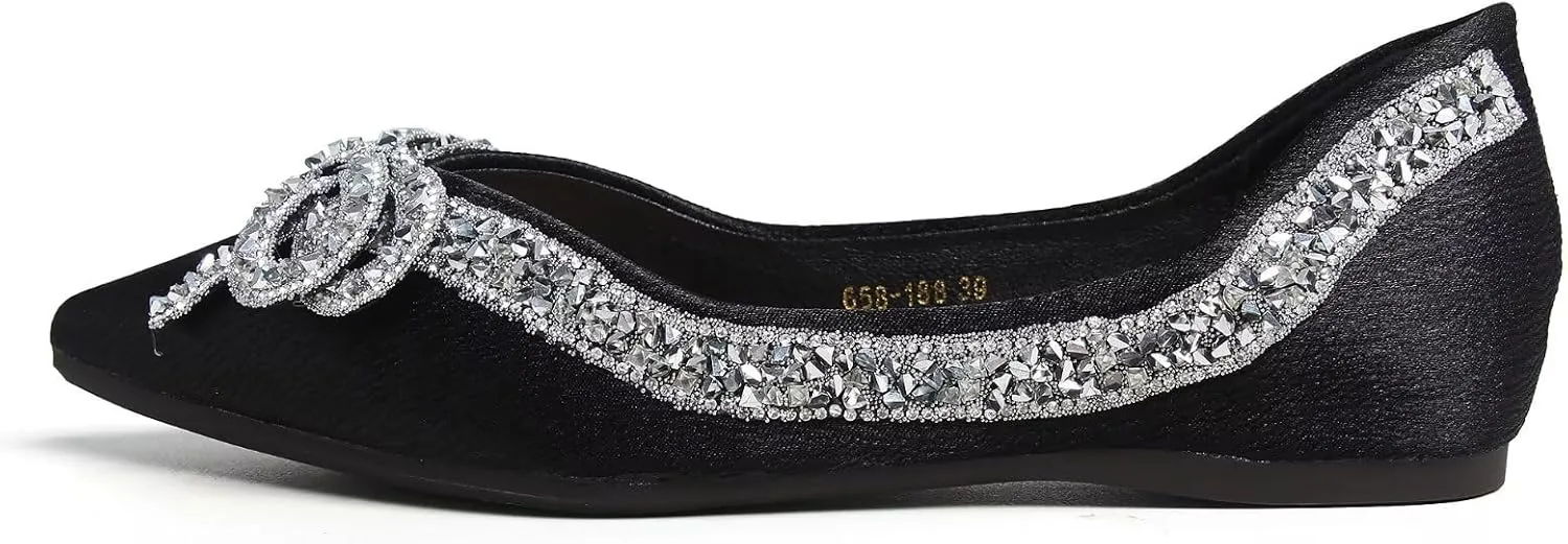 Women's Rhinestone Flats Elegant Bow Knot Glitter Ballet Flats Dress Pearl Wedding Shoes Pointed Toe Slip On Loafers for Women
