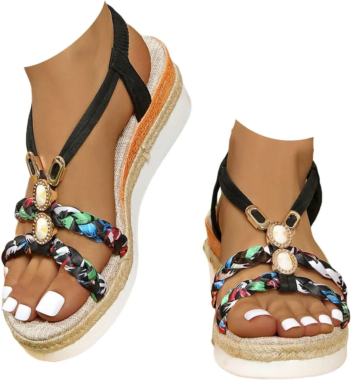Women's Rhinestone Open Toe High Heel Roman Summer Platform Sandals Summer Low Wedges Comfortable Open Toe Sandals Elastic Ankle Strap Beach Walking Sandals
