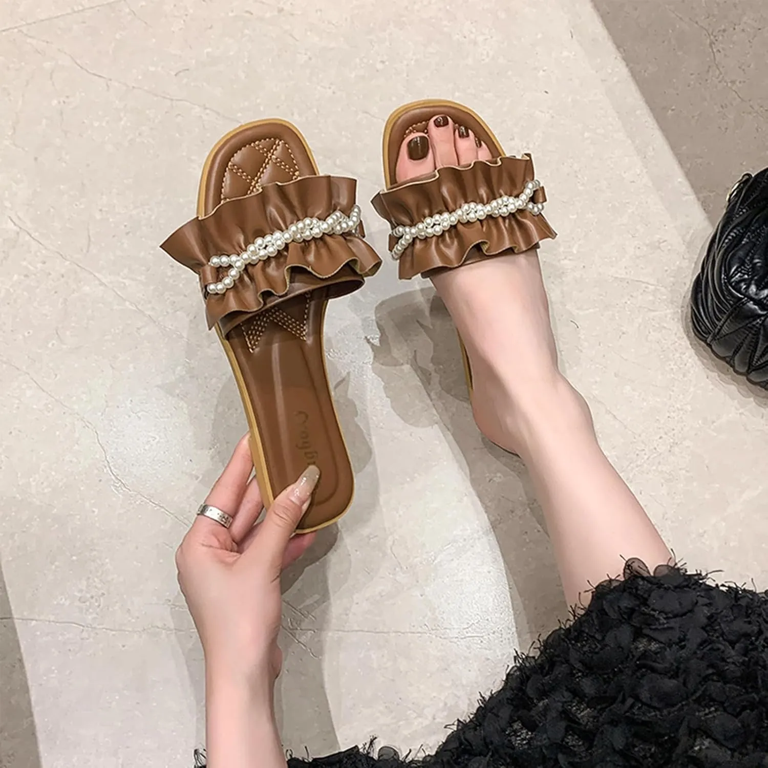 Women's Ruffles Pearl Round Open Toe Flat Slides Sandals Cut Slip on Summer Fashion Comfy Dressy Slippers Outdoor Boho Foot Bed Beach Walking Sandals