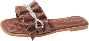 Women's Ruffles Pearl Round Open Toe Flat Slides Sandals Cut Slip on Summer Fashion Comfy Dressy Slippers Outdoor Boho Foot Bed Beach Walking Sandals