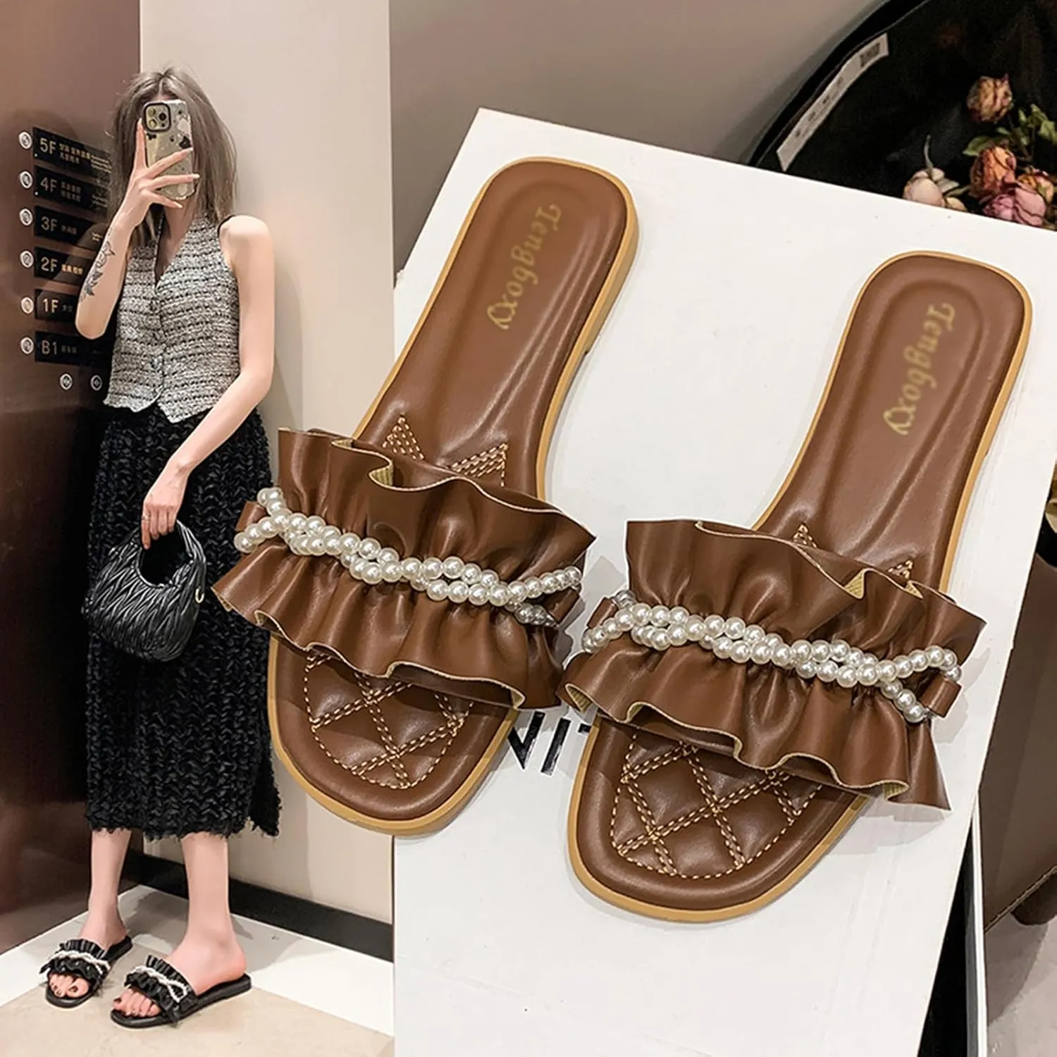 Women's Ruffles Pearl Round Open Toe Flat Slides Sandals Cut Slip on Summer Fashion Comfy Dressy Slippers Outdoor Boho Foot Bed Beach Walking Sandals