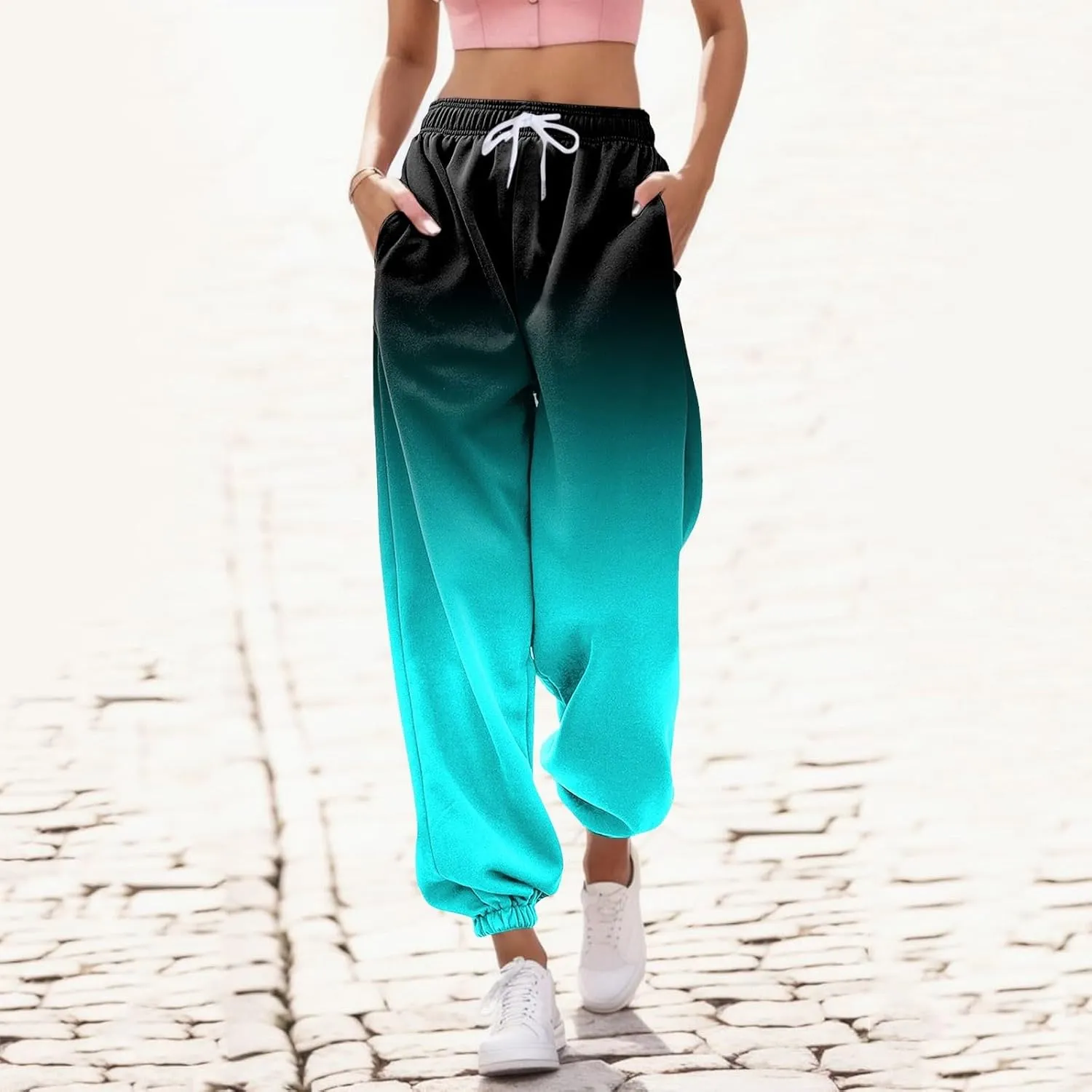 Womens Running Exercise Trousers Trendy High Waist Gradient Print Jogger Sweatpant Work Office High Waist Casual Pant