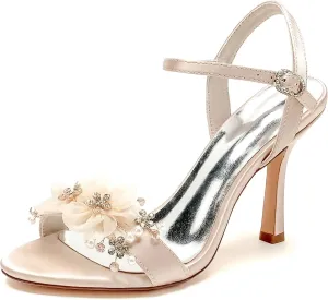 Women's Satin High Heel Open Toe Sandals Slingback Bridal Dress Shoes Pearl Rhinestone Buckle Suitable for Wedding Prom Events