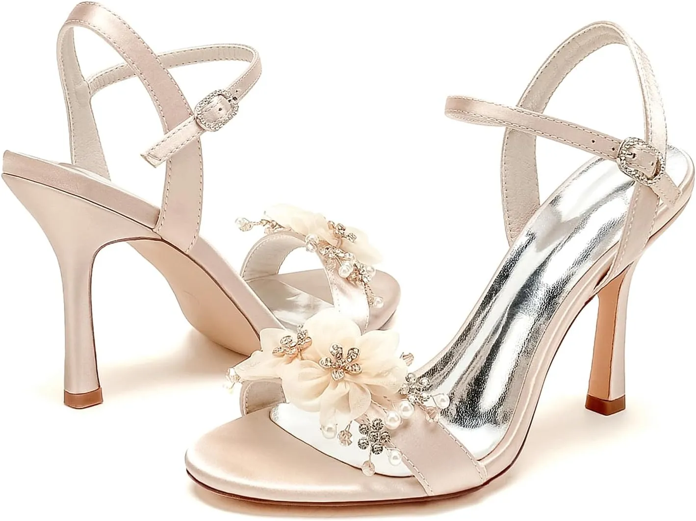 Women's Satin High Heel Open Toe Sandals Slingback Bridal Dress Shoes Pearl Rhinestone Buckle Suitable for Wedding Prom Events