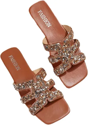 Women'S Sequin strappy Leather Flat slides Sandals Fashion square head Open Toe Glitter Slip-On Slippers Summer Casual Vacation Dressy Flat Sandal