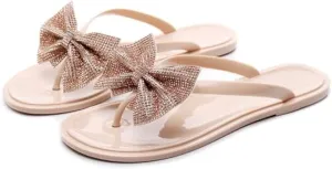 Womens Shiny Rhinestone Bowknot Flat Flip-Flops Colorful Jewelry Rhinestones Sequins Sandals Summer Beach Jelly Clip Toe Slippers Shoes