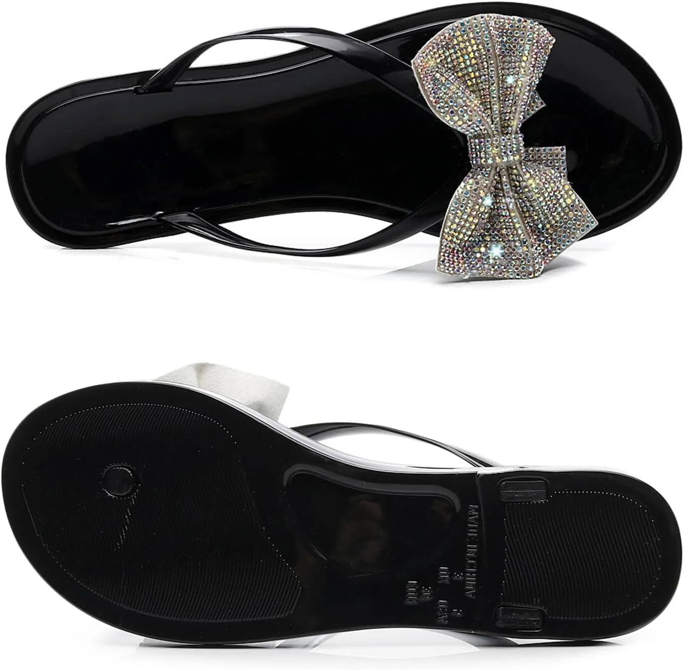 Womens Shiny Rhinestone Bowknot Flat Flip-Flops Colorful Jewelry Rhinestones Sequins Sandals Summer Beach Jelly Clip Toe Slippers Shoes