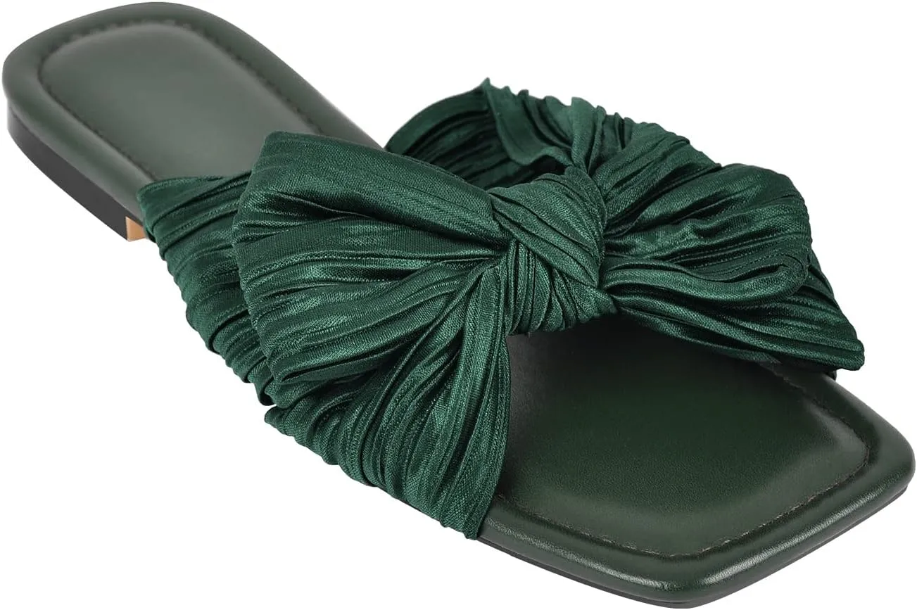 Womens Slip on Flat Sandals Square Open Toe Summer Pleated Bows Slides Dressy Sandals