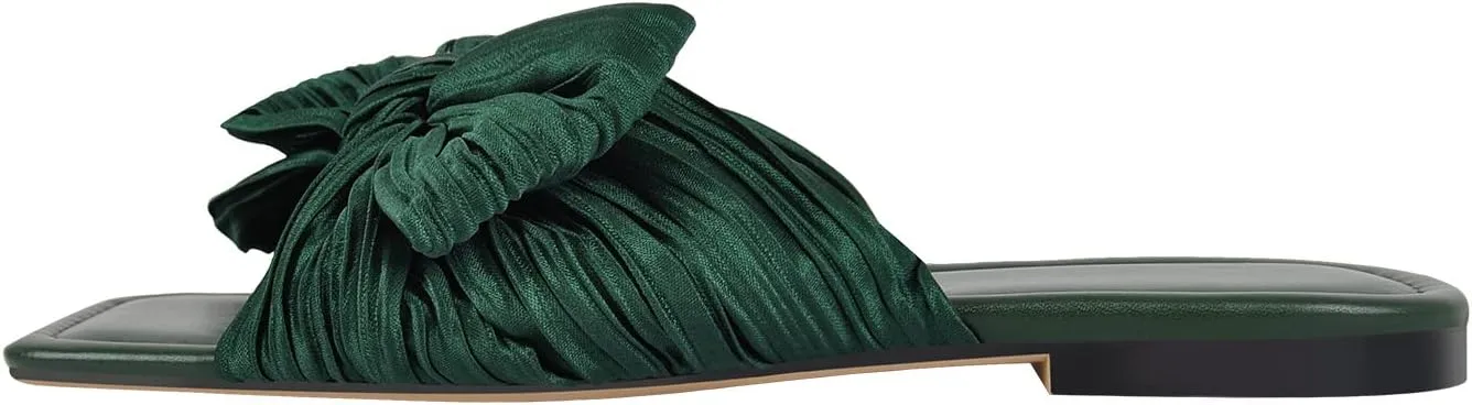 Womens Slip on Flat Sandals Square Open Toe Summer Pleated Bows Slides Dressy Sandals