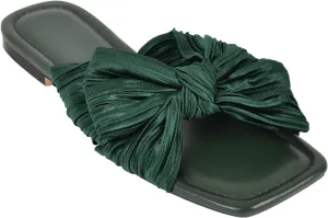 Womens Slip on Flat Sandals Square Open Toe Summer Pleated Bows Slides Dressy Sandals
