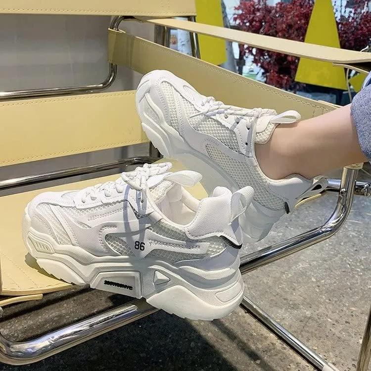 Women's Solid Color Mesh Sneakers, Lace Up Breathable Platform Casual Trainers, Versatile Low-top White Shoes