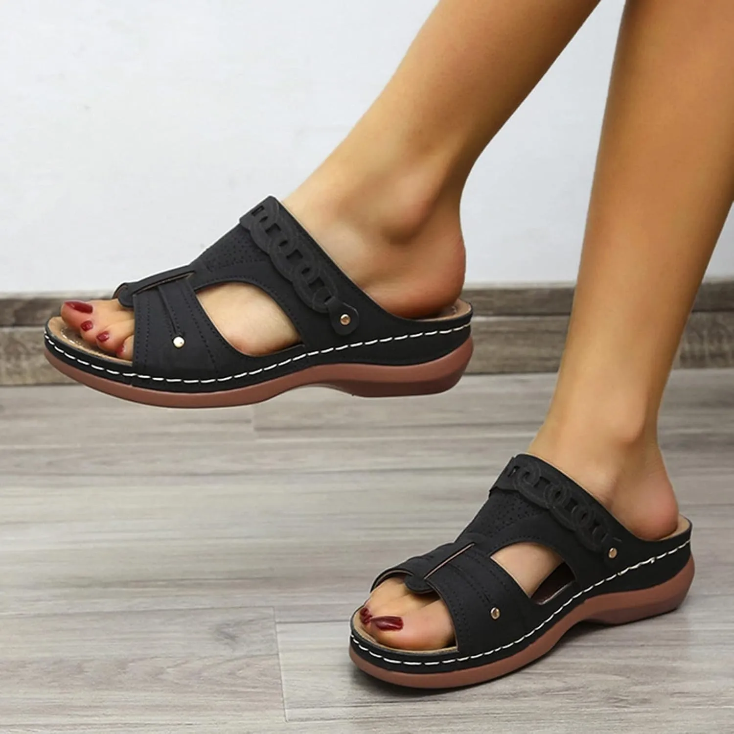 Womens Wedge Sandals Leather Dressy Sandal Rubber Sole Vintage Hollow Summer Slippers Casual Outdoor Round Toe Shoes Fashion Flat Woman Slingback Shoe