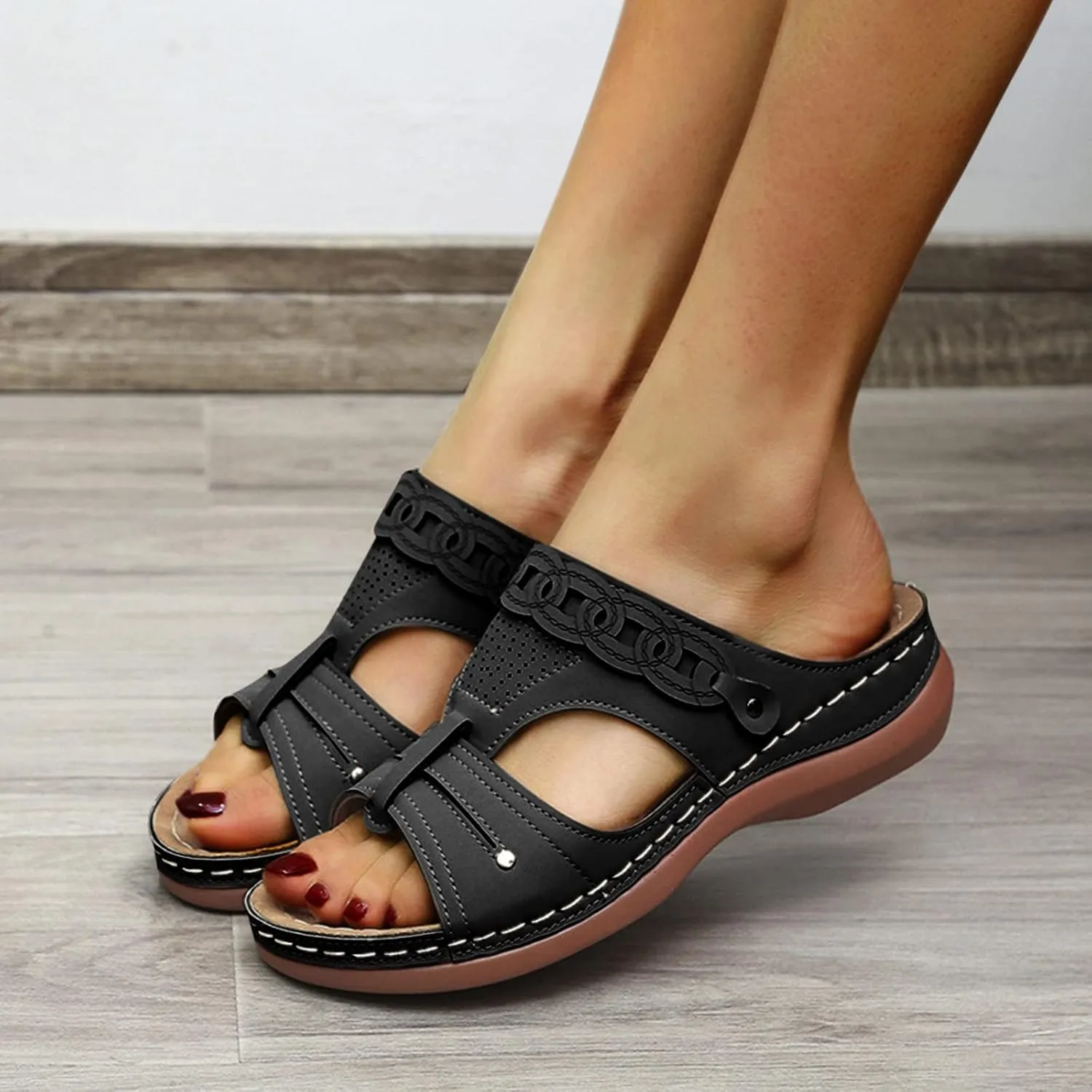 Womens Wedge Sandals Leather Dressy Sandal Rubber Sole Vintage Hollow Summer Slippers Casual Outdoor Round Toe Shoes Fashion Flat Woman Slingback Shoe